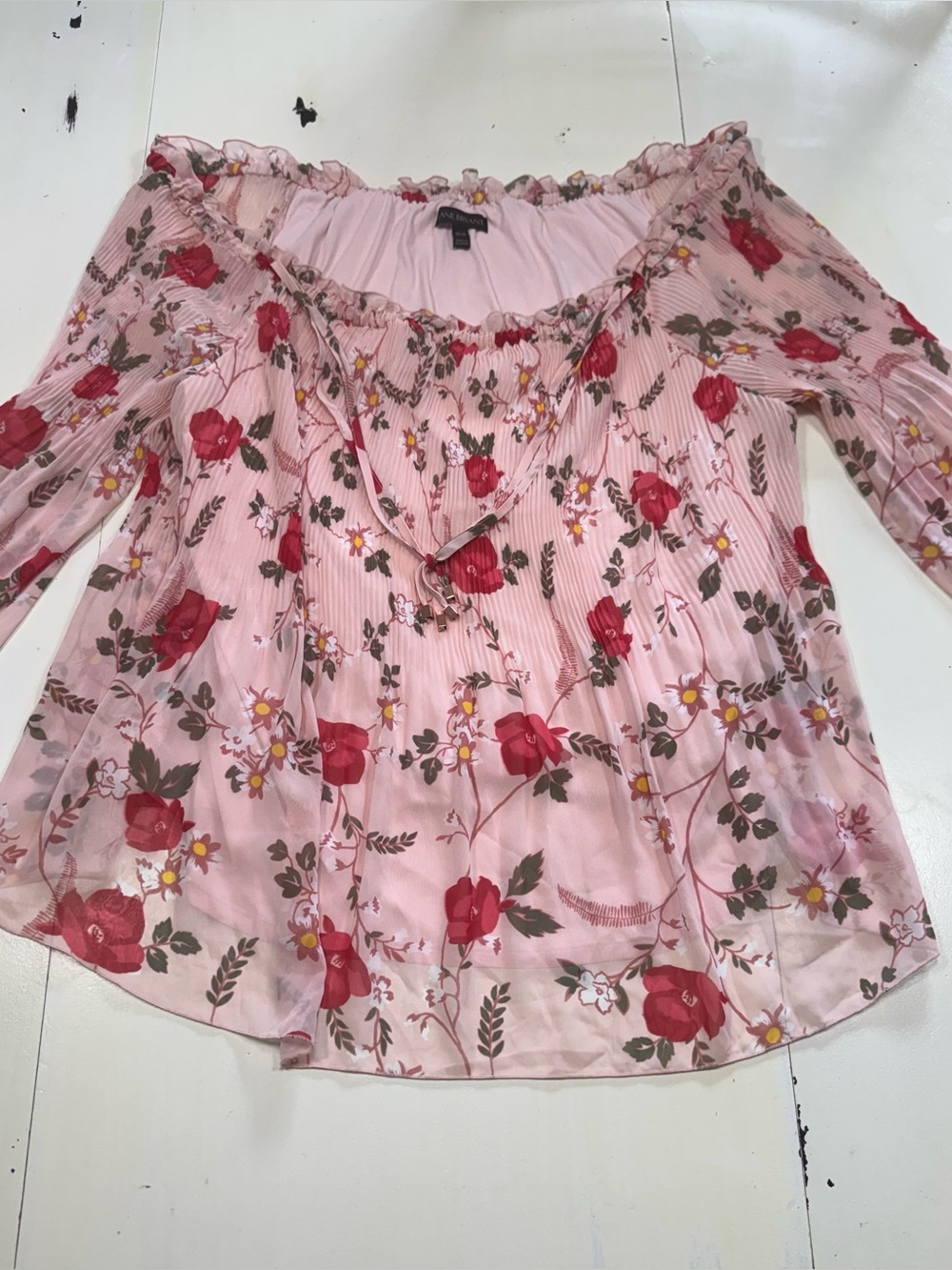 Lane Bryant Pink Floral Off-The-Shoulder Pleated Chiffon Blouse (Size 18/20)
